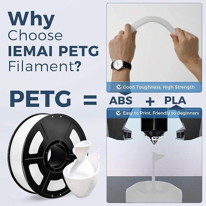 IEMAI White PETG Filament 1.75mm 1kg, Tough & Durable 3D Printer Filament 30-300mm/s Printing Compatible with Bambu Lab, AMS, AMS Lite, Dimensional Accuracy +/- 0.02mm