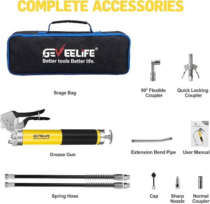 GEVEELIFE Grease Gun Kit,10000 PSI Heavy Duty Pistol Grip Grease Gun with 14 oz Capacity,2×18 Inch Resin Flex Hoses,4 Versatle Couplers,Extension Rigid Pipe,Suitable for Automotive, Marine，Machine