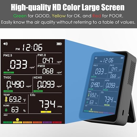 Professional Indoor Air Quality Monitor with AQI Alerts, Portable Real-Time Detector for Home, Car, Plants & Pet (Black)