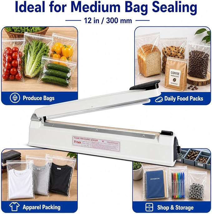 Impulse Heat Sealer with Seal bar, Heavy-Duty Bag Sealing & Cutting Machine, 2 Extra Replacements (white, 12inch)