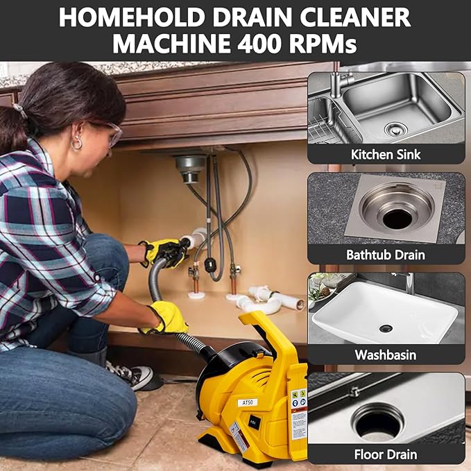 Drain Cleaner Machine 30Ft x 3/10In, Auto-feed Electric Drain Auger with Foot Switch, Piano Wire Cable for 3/4"–2" Pipes, Electric Drain Snake Sewer Snake for Tubs, Showers, and Sinks