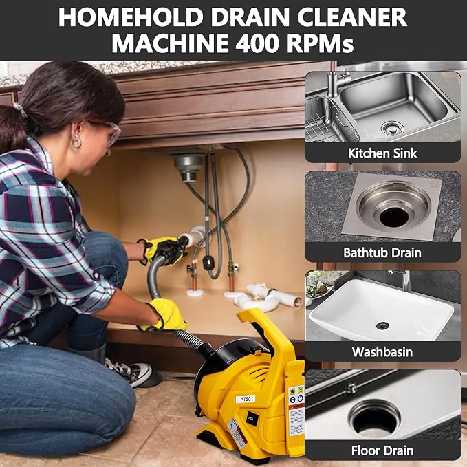 30FT x 3/10-In Auto-Feed Electric Drain Auger with Foot Pedal, Pipe Cleaning Machine for 3/4" to 2" Drains, Sinks, Toilets, and Floor Drains