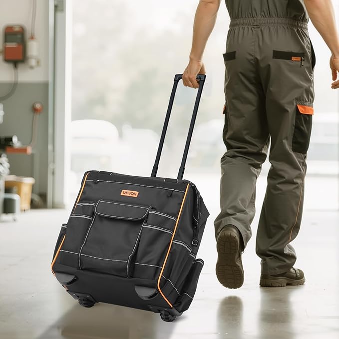 VEVOR 15" Rolling Tool Bag, 110 lbs Load Capacity, 25 Pockets Heavy Duty Roller Tool Bag on Wheels, Adjustable Telescoping Handle & Stable Base, Toolbag Organizers w/Wheels for Construction, Mechanic