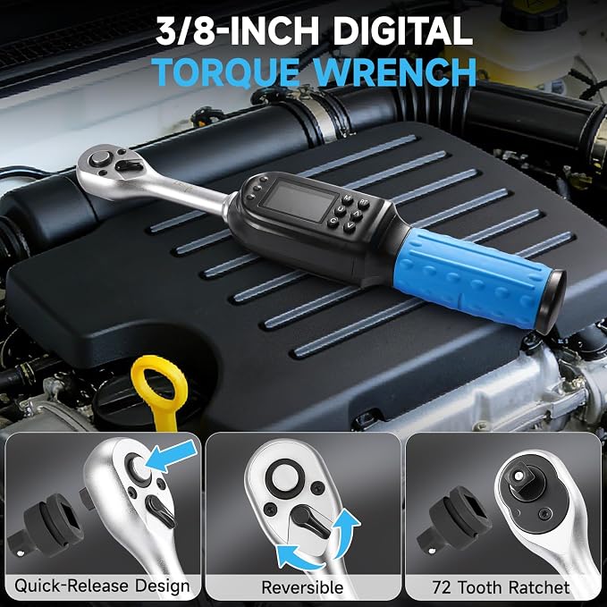 DISEN 3/8 inch Digital Torque Wrench (5-135 N.m / 3.7-99.6 Ft.lb), ±2% Accuracy, 8 Presets & 500 Data Memory, 5 Units, LED & Buzzer Alert, Tracking/Peak Modes, for Automotive Motorcycle Bicycle DIY