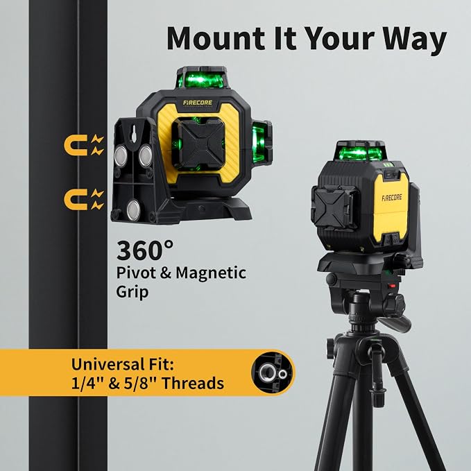 Firecore 360 Laser Level with 60" Tripod, Self-Leveling Green Lazer Leveler Tool for Construction Home Renovation, Outdoor Pulse Mode, Adjustable Brightness, Rechargeable Battery & Magnetic Bracket