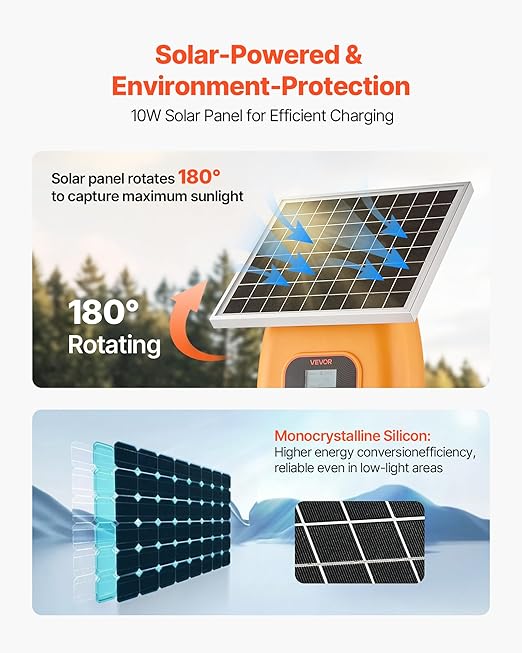 VEVOR Solar Fence Charger, 0.6J 8 kV Solar Powered Fence Charger, Electric Fence Energizer Kit, Keep Out Predators, 4-5 Days Runtime, for Livestock, Poultry, Garden Protection
