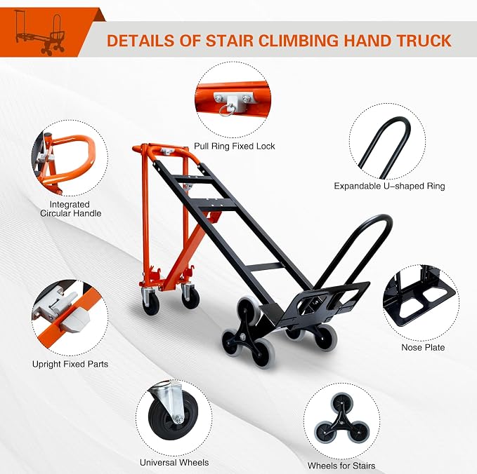 3 in 1 Industrial Convertible Hand Truck,1000 LBS Capacity Stair Climbing Dolly Cart,Heavy Duty Hand Truck Dolly Cart with Dual Handles for Home,Moving,Transport,Warehouse,Office(Orange)