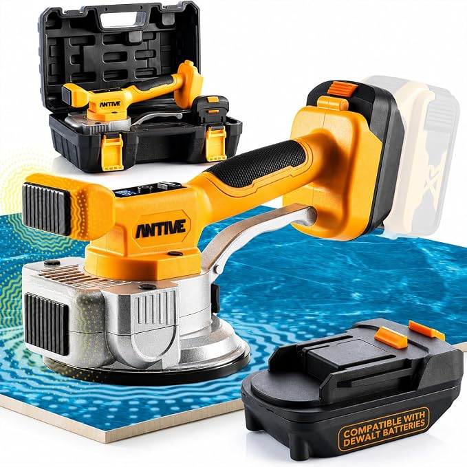 Tile Vibration Tool Kit Compatible with DeWalt Batteries via Included Adapter(Batteries Not Included), Cordless Tile Vibrator for Large Format Tile Installation with 9 Speeds and 110 lb Suction Cup