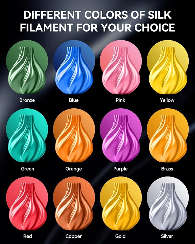 3D Printer Silk Filament, SUNLU Shiny Silk PLA Filament 1.75mm, Smooth Silky Surface, Great Easy to Print for 3D Printers, Dimensional Accuracy +/- 0.02mm, Silk Light Gold+Silver+Black+Red 4KG