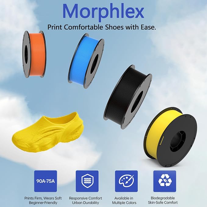 BIQU MorPhlex Flexible Filament 1.75mm, Turn 90A Into Ultra-Soft 75A with High Flexibility, 1Kg (2.2lbs) Spool - Dimensional Accuracy ±0.02 mm, Beginner-Friendly (Yellow)