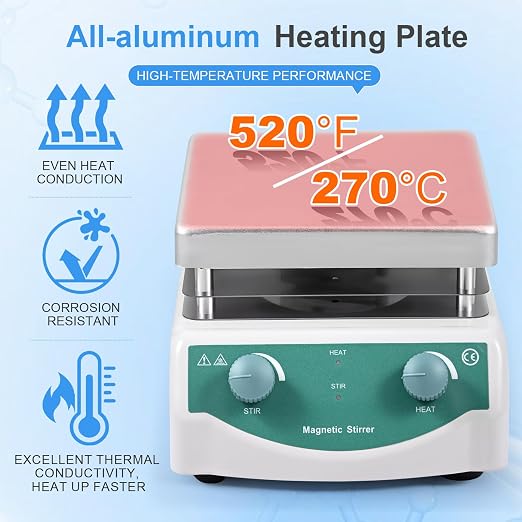 Magnetic Stirrer Hot Plate, Mixer with 5L Stirring Capacity, Up to 520°F, 0-2000 RPM Adjustable Speed, 6.7 x 6.7 inch Hot Plate, Includes Magnetic Stir Bar & Support Stand
