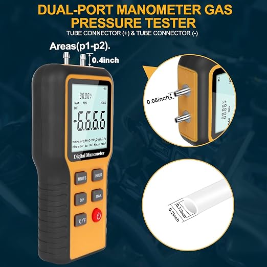 Manometer, Professional Air Pressure Meter, Dual-Port HVAC Digital Manometer Gas Pressure Tester,12 Selectable Units Differential Pressure Gauge, (Included Battery)