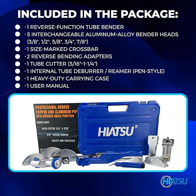 Hiatsu Reversible Tube Bender Kit for Copper & Aluminum, 3/8”–7/8”, Professional HVAC Hand Tool Set with Cutter, Deburrer and Carrying Case