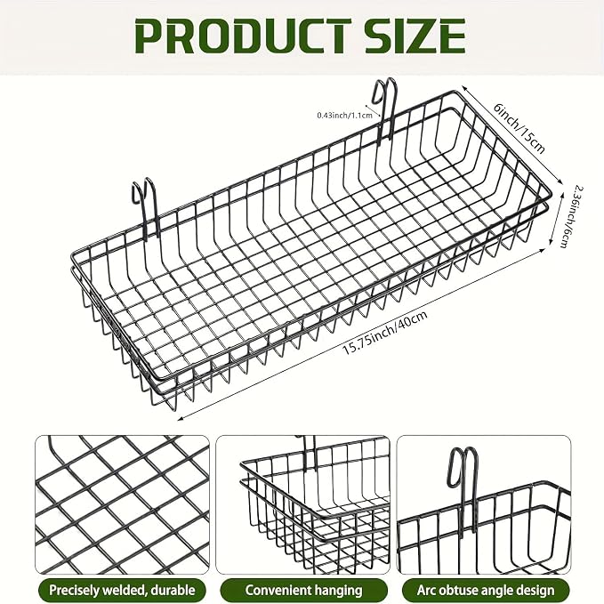 4 Pack 15.75 x 6 x 2.36 Inch Metal Grid Wall Baskets with Hooks, Hanging Wire Grid Basket, Multi-Function Wall Mounted Organizer for Kitchen Organizing Display, Black