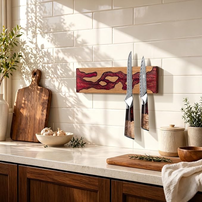 FINDKING Magnetic Knife Strip for Wall, Solid Acacia Wood with Deep Red Resin Inlay, Wall-Mounted Knife Holder with Strong Magnetic Hold, No-Drill Adhesive Mount (12 Inch)