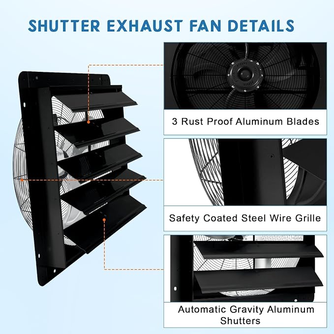 24 Inch Shutter Exhaust Fan, 3500 CFM Automatic Aluminum Ventilation Fan Wall Mount, High Speed Quiet Motor for Greenhouse, Warehouse, Shop, Attic