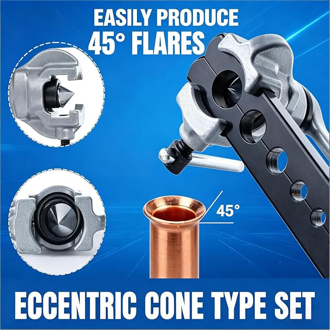 Flaring Tool HVAC & Brake Line Flaring Tool Kit – 45° Eccentric Flaring Set for 6-19mm & 1/4"-3/4" Pipes w/Cutter, Deburring, Hard Case.