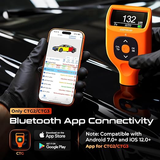 Paint Thickness Gauge with APP, 0-5000 μm (0-179 mils) Coating Thickness Meter, Auto Fe/Al/Zn/Fe(C) Detection, 0.1μm Resolution, ±(2%+1μm) Accuracy for Paint Inspection