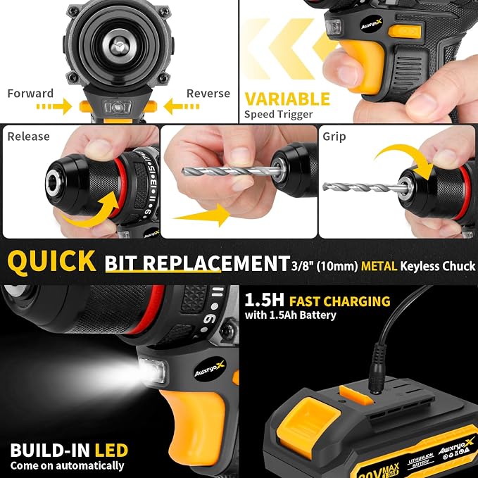 AwxryoX Brushless Compact Drill Tool Set, 60N.m 20V Cordless Drill Tool Box with 2 Battery, 135Pcs Man Household Combo Set with DIY Hand Taladros Kits, 531 In-lb Kit with Drill for Daily Home Repair