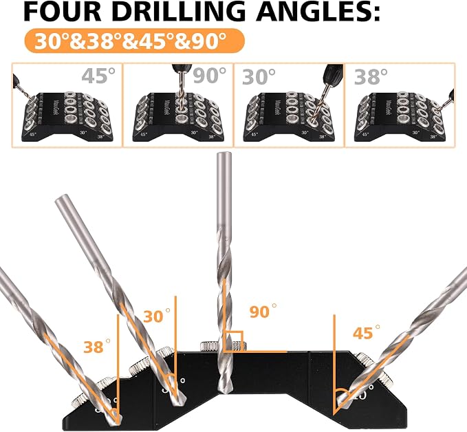 MaxxGeek Drill Guide for 30 38 45 90 Degree Angled and Straight Holes, Added 38 Degree Portable Drill Guide for Deck Stair Handrail and Horizontal Cable Wood Post （without Drill Bit）