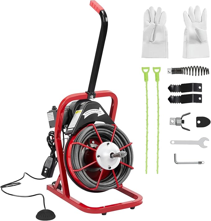 GAOMON Drain Cleaner Machine 75FT x 1/2 Inch Electric Drain Auger Sewer Auger Fits 1 to 4 Inch Pipes with 4 Cutter, Air-Activated Foot Switch, Gloves (K300K)