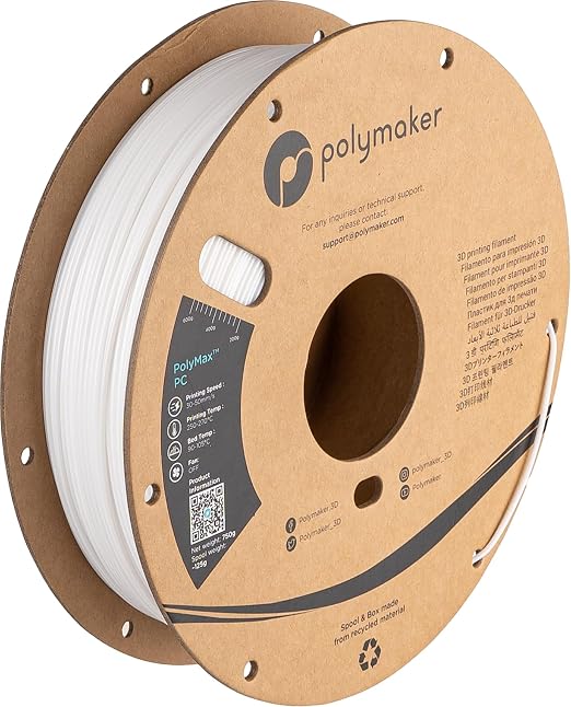 Polymaker Polymax Tough PC Filament 1.75mm, White Polycarbonate Filament 1.75mm 0.75kg Cardboard Spool - 3D Printer Polycarbonate PC Filament, Tough & High Heat Resistant White PC Filament