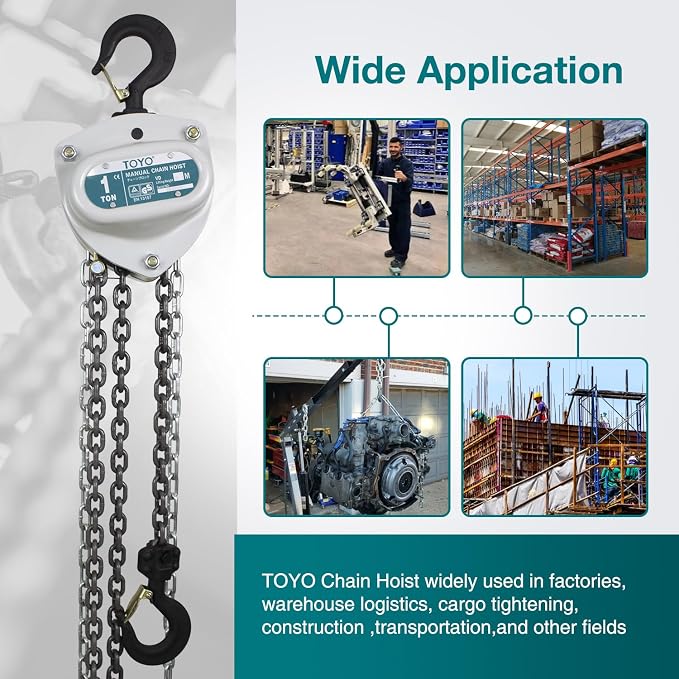 TOYO Chain Hoist 2200Lb,10ft Manual Chain Block Hoist 1ton Chain Fall 3M Come Along Hand Chain Hoist 2 Heavy Duty Hooks Industrial Grade Steel for Warehouse Automotive Construction Building