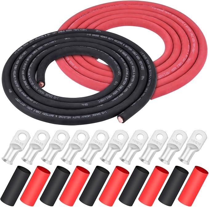 iGreely 1/0 AWG Gauge Wire,Flexible 10 Ft Black + 10 Ft Red Pure Copper Battery Welding Cable for Rv Solar, 5pcs of 5/16"" & 5pcs 3/8"" Copper Cable Lugs Terminal Connectors with Heat Shrink Tubing
