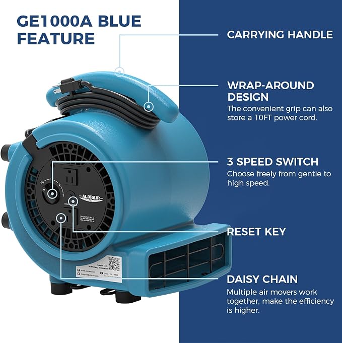 ALORAIR 1000 CFM Air Mover Blower Fan for Drying, Ventilating, Exhausting, Cooling, Utility Timer Fan with 3 Speeds, 5 Adjustable Angles, 10ft Long Cord for Home, Industrial, Commercial Use - GE1000A