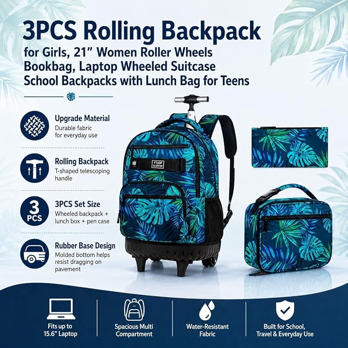 3Pcs Rolling Backpack for Boys Men, Travel Roller Backpacks with Wheels for Adults, Teens College Leaf Wheeled Bookbag with Lunch Box(Green)