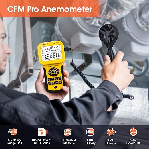 BTMETER BT-846A CFM Anemometer & BT-189B Dual-Port Manometer Kit – Air Flow Meter and Gas Pressure Tester Differential Pressure Gauge for HVAC System Inspection & Air Balancing