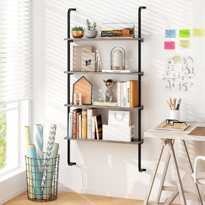 Giantex 4-Tier Industrial Bookshelf, Wall Mounted Pipe Shelving Unit, Floating Shelves with Metal Frame, Hanging Wall Display Shelf, Wood Ladder Bookshelf for Living Room, Kitchen,Gray Oak