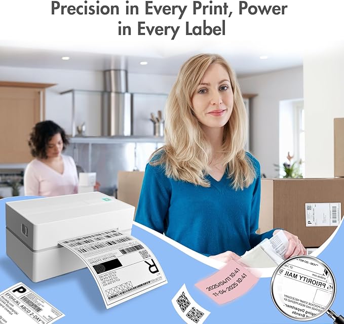 Bluetooth Thermal Shipping Label Printer: 4x6 Wireless Label Maker with Tape for Small Business - Compatible with iPhone, Android, Windows & Mac, Widely Used for USPS UPS Amazon Shopify, White