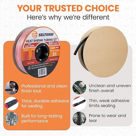 SELTERM 1/2" Red [50 Feet] Marine Grade Heat Shrink Tubing Roll, 3:1 Ratio Dual Wall Adhesive Lined Waterproof Heat Shrink Wrap Tube, for Battery Cable Lugs Wire Terminals Connectors