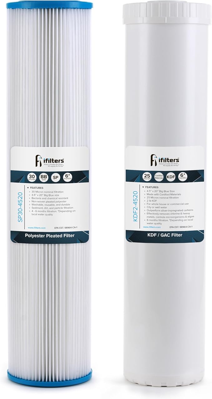 iFilters Whole House Sediment & GAC/KDF Replacement Water Filter Cartridge Set | 100% Compatible with 4.5”x20” Dual systems like MWH-D20-WELL & SP30-KDF2-4520