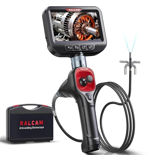 Ralcam 360° Articulating Borescope, 6.2mm/0.24in Slim Probe | 4X Zoom, Joystick 4 Ways Endoscope Inspection Camera with Light for Automotive Engine, HVAC, Mechanics