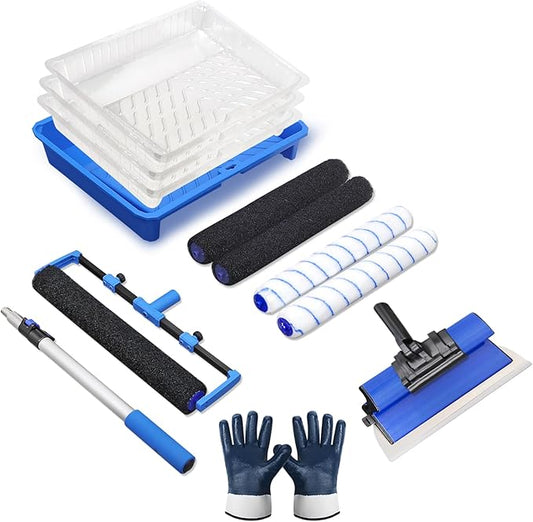 Paint Roller Kit, 18" Paint Roller Set with Paint Scraper, Putty Brushes, Tray with Disposable Liners, Extension Pole and Gloves, Wall Repair and Painting Tools for Interior Walls and Ceilings