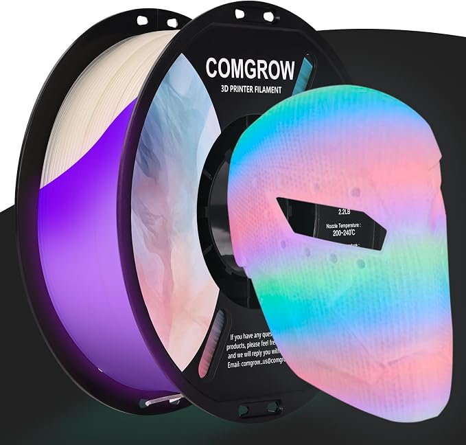 Comgrow 3D Printer Glow in The Dark Filament Gradient Multicolor Fast Change PLA 1kg (2.2 lbs) Spool 3D Printing Materials, Dimensional Accuracy +/- 0.03 mm, 1.75 mm, Glow Multicolored