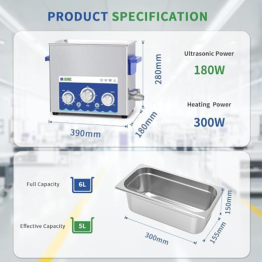 DK SONIC Industrial Ultrasonic Cleaner 6L 180W,Ultrasonic Carburetors Cleaner with Power Adjustable Function, Timer and Heater for Parts,Circuit Board,Chains Cleaning(Include Basket)