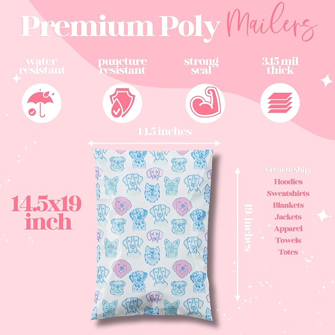 Pretty Package Store Designer Poly Mailers, 14.5x19, Pretty Pups, 100 Pack | Heavy Duty, Waterproof, Self Seal, Tear Resistant, Shipping Bags for Small Business Packaging, Bulk Mailing Envelopes