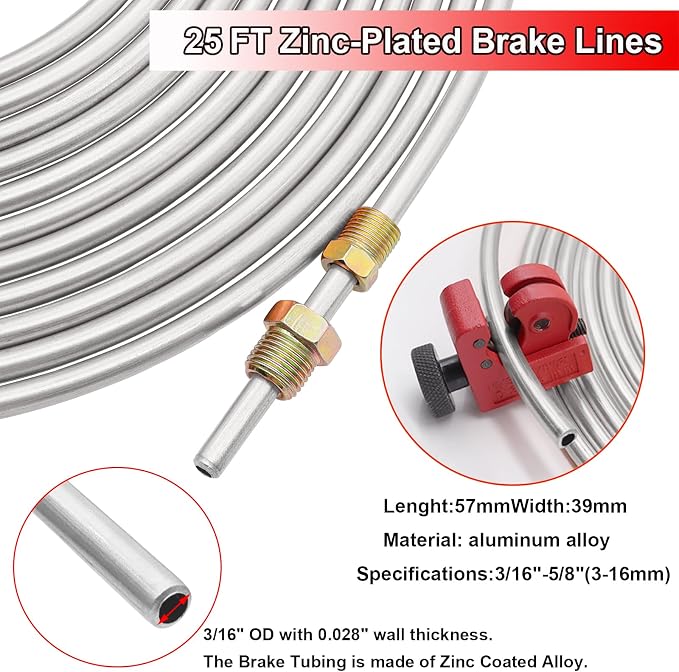 Tnisesm 3/16Inch Brake Line kit Include Zinc-Plated Brake Lines with Fitting (16Pcs Fittings,2Pcs Unions+4Pcs Nut) Brake line Bender Single Flare Tool,Cutter 3/16Inch Brake line kit