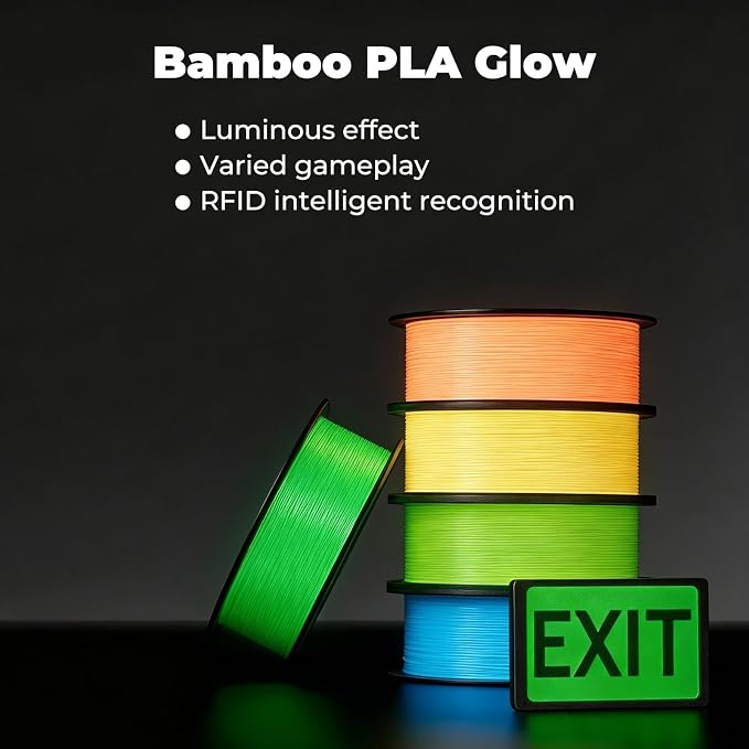 Bamboo PLA Glow Filament 1.75mm with RFID for Bambu and Most FDM 3D Printers, Glow in the Dark 3D Printing Luminous Filament Refill 1KG (2.2lbs), Reusable Spool +/- 0.03mm(Glow Orange 15300)
