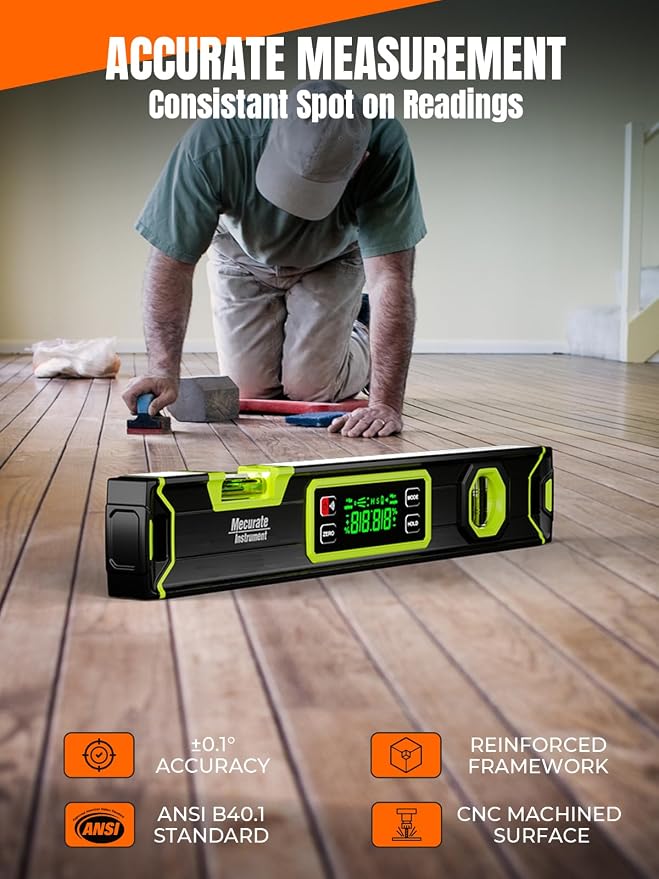 Mecurate 16-Inch Digital Level, Portable Electronic Angle Finder with Backlit Display, ±0.1° Accuracy, Magnetic Base, 4 Measurement Units, Compact Torpedo Smart Level Tool for DIY & Professional Use