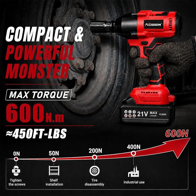 AOBEN Cordless Impact Wrench 1/2 Inch, Power Impact Gun Kit, Max 600N.M/450Ft-lbs High Torque Electric Impact Driver for Car RV Tire, 2 Packs x 4.0Ah Battery, Charger, 6 Sockets & Storage Tool Case