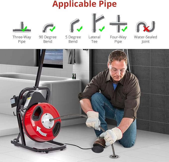 Drain Cleaning Machine, 50FT x 1/2 Inch Professional Electric Drain Auger with 4 Cutters & Foot Switch and Pair of Gloves for 1 to 4 Inch Pipes, Red, Black