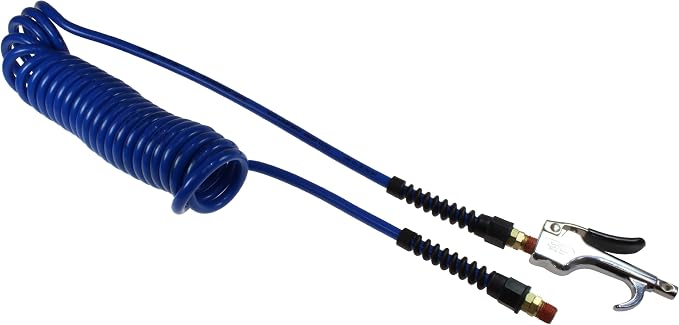 Coilhose Pneumatics 600-PU15B-B 600 Series Blow Gun with Flexcoil Polyurethane Coiled Air Hose, 1/4-Inch ID, 15-Foot Length with (2) 1/4-Inch Reusable Strain Relief MPT Swivel Fittings, Dark Blue