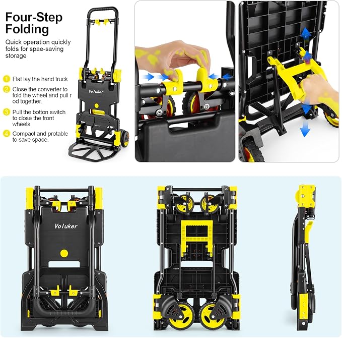 330LB Folding Hand Truck Moving Dolly, Hand Trucks Heavy Duty Combination of 4 Wheels and 2 Wheels Convertible Dolly Cart with Retractable Handle Dolly for Moving Office Carts(Yellow)