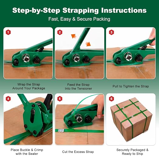 Banding Strapping Kit, 1200lbs Break, Heavy Duty 5/8'' x 1000' PET Strapping Roll, Pallet Strapping Kit with Tensioner & Banding Sealer for Warehouse, Includes Metal Seals, Buckles, Corner Protectors