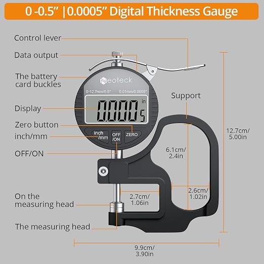 Neoteck Digital Thickness Gauge 0.5inch/12.7mm,0.0005inch/0.01mm LCD Display with Inch/MM Conversion One-Hand Quick Press Thickness Measuring Tool for Leather Paper Fabric Film etc.-Silver-Black