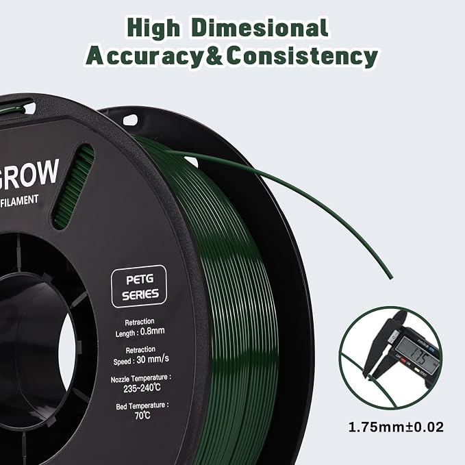 Comgrow PETG 3D Printer Filament 1.75mm, High Precision and Tough 3D Printer Filament (2LBS), Dimensional Accuracy +/- 0.02 mm, Fit Most 3D Printers Military Green
